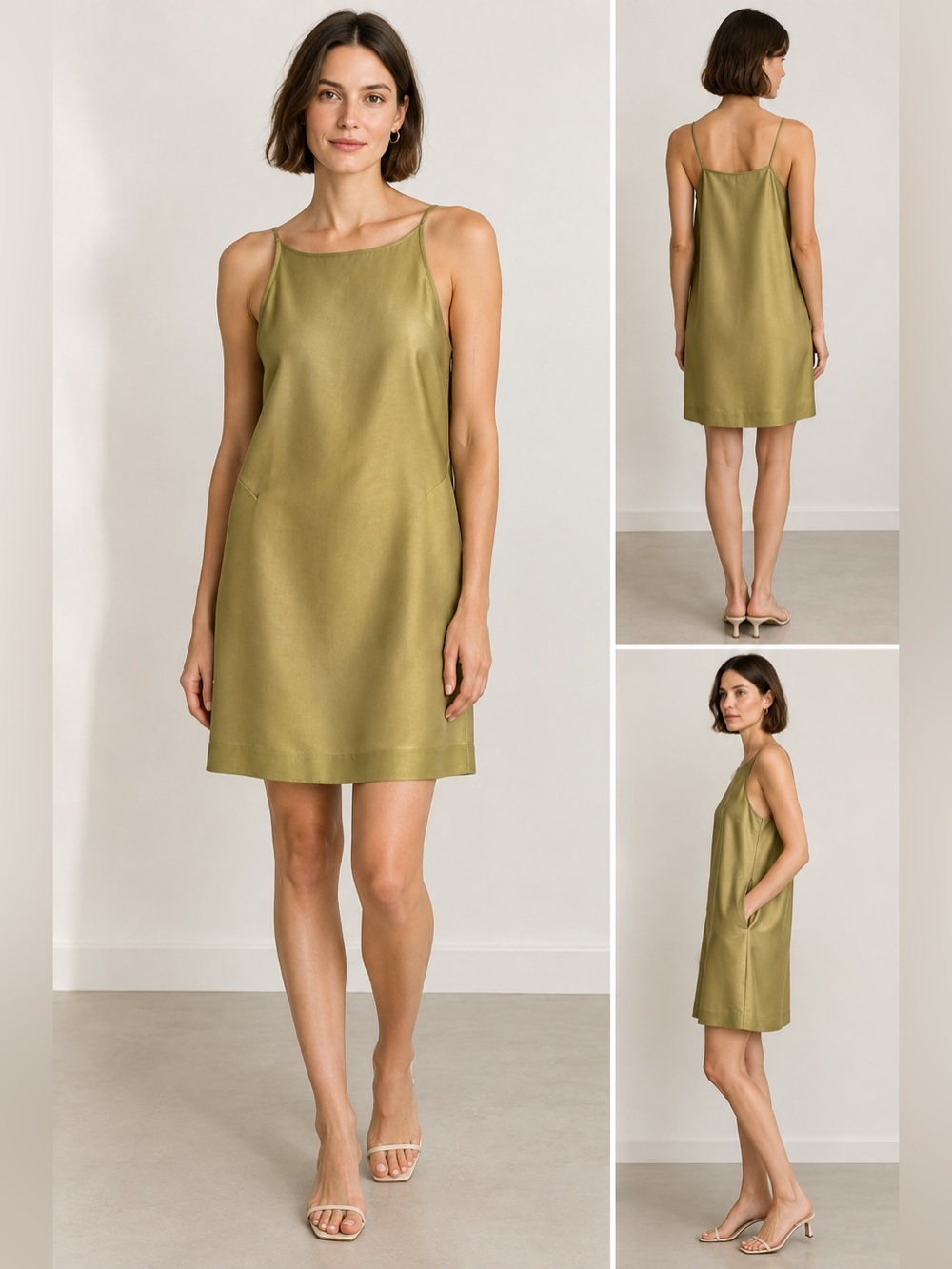 GO Silk Slip Mini Dress Olive Green Washable Silk Women Size M